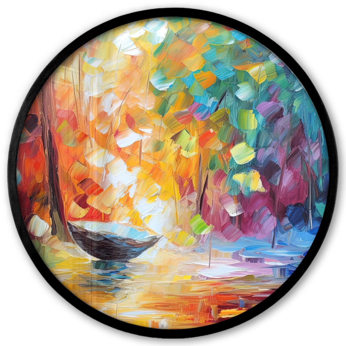 FrameYourWall Poster in lijst Rond - Fotolijst 40x40 cm - Posters - Kleurrijk - Olieverf - Water - Boot - Ronde posterlijst zwart - Decoratie - Wanddecoratie woonkamer - Muurdecoratie slaapkamer Multicolor