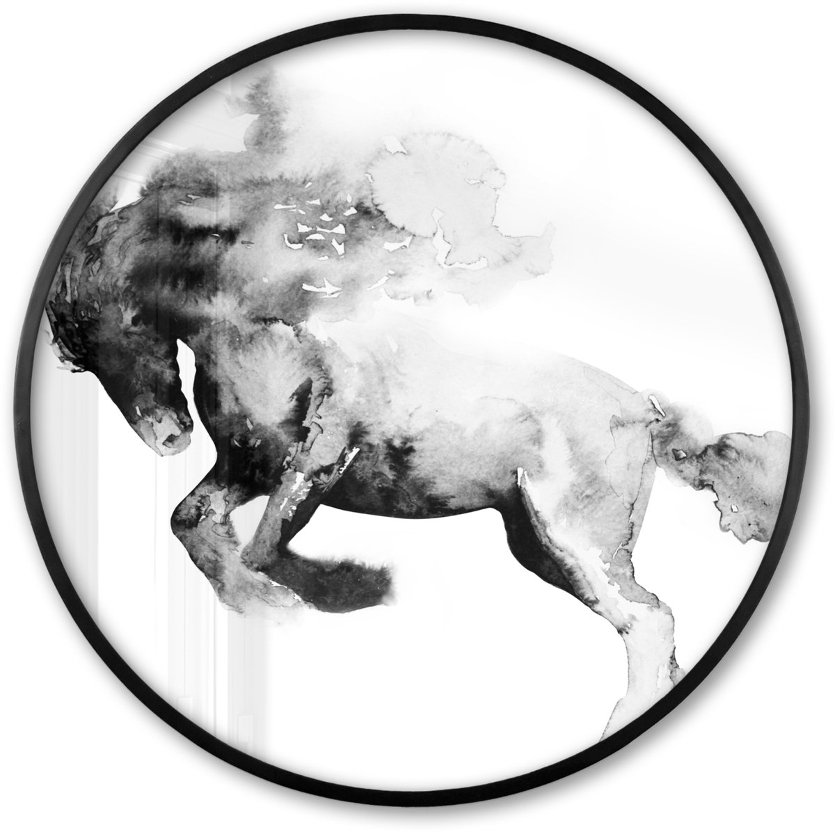 FrameYourWall Poster in lijst Rond - Fotolijst 80x80 cm - Posters - Schilderij - Paard - Dieren - Olieverf - Zwart - Wit - Ronde posterlijst zwart - Decoratie - Wanddecoratie woonkamer - Muurdecoratie slaapkamer Multicolor