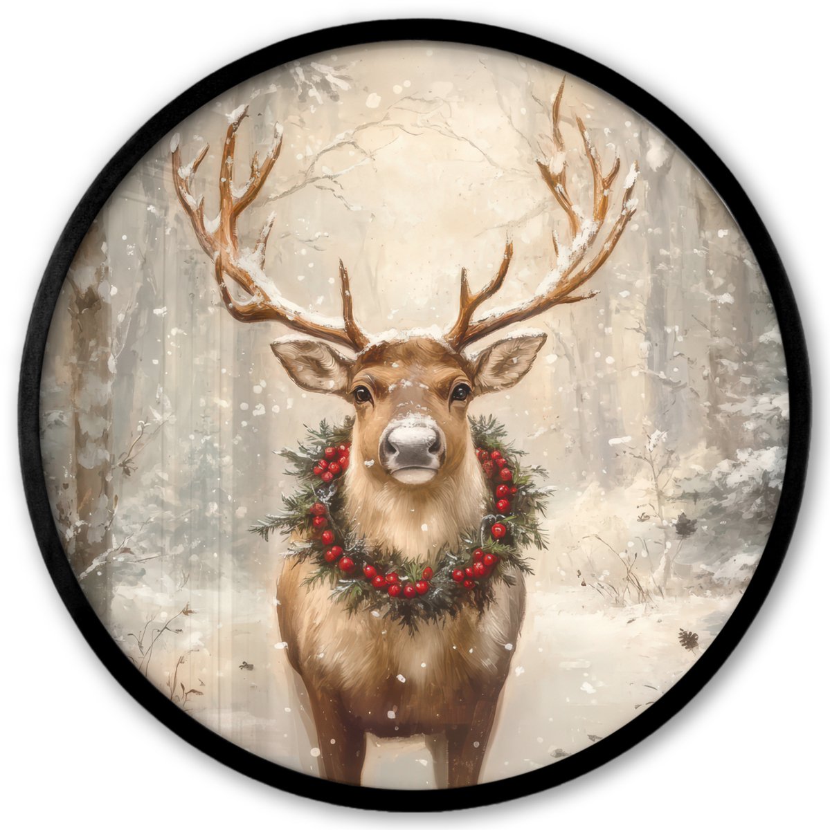 FrameYourWall Poster in lijst Rond - Fotolijst 40x40 cm - Posters - Kerst - Rendier - Winter - Krans - Ronde posterlijst zwart - Decoratie - Wanddecoratie woonkamer - Muurdecoratie slaapkamer - Kerstversiering - Kerstdecoratie voor binnen - Kerstmis Hert - Sneeuw