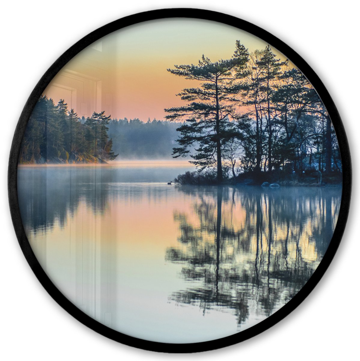 FrameYourWall Poster in lijst Rond - Fotolijst 40x40 cm - Posters - Water - Bomen - Natuur - Landschap - Ronde posterlijst zwart - Decoratie - Wanddecoratie woonkamer - Muurdecoratie slaapkamer Meer - Natuur - Water
