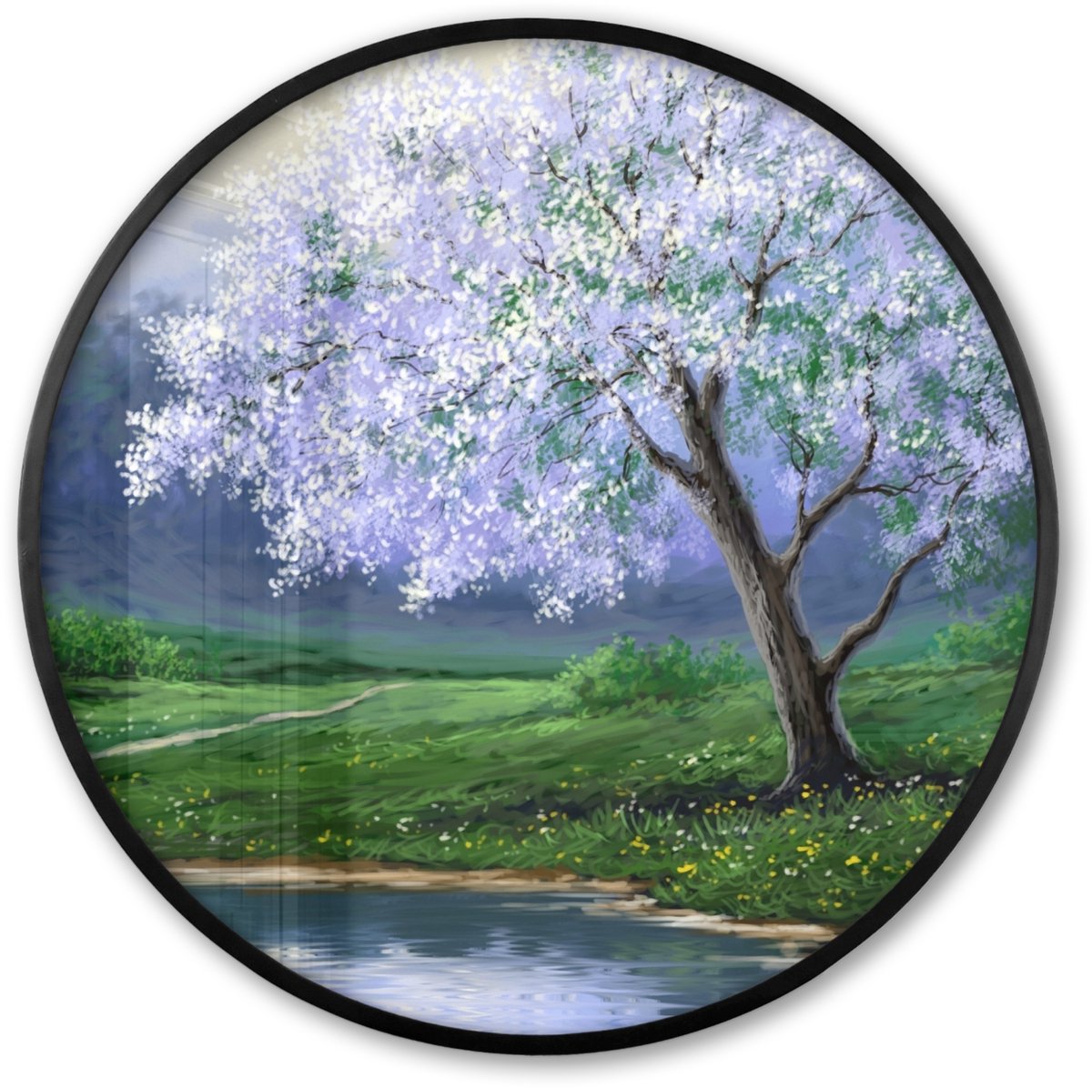 FrameYourWall Poster in lijst Rond - Fotolijst 80x80 cm - Posters - Schilderij - Boom - Bloesem - Natuur - Water - Ronde posterlijst zwart - Decoratie - Wanddecoratie woonkamer - Muurdecoratie slaapkamer Multicolor