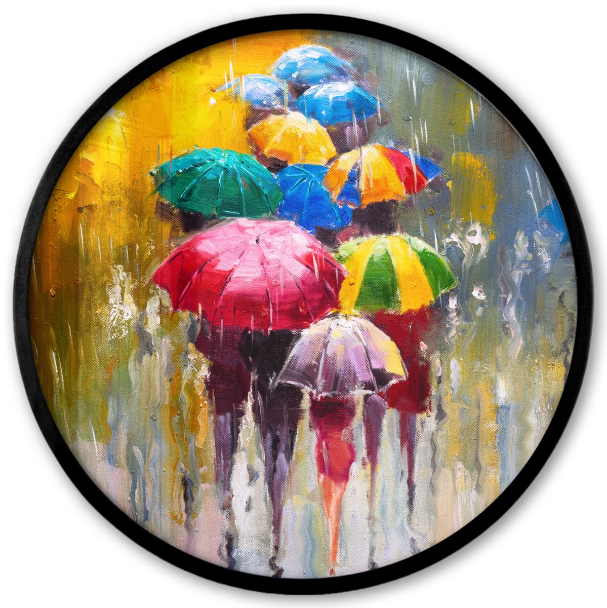 FrameYourWall Poster in lijst Rond - Fotolijst 40x40 cm - Posters - Schilderij - Paraplu - Olieverf - Ronde posterlijst zwart - Decoratie - Wanddecoratie woonkamer - Muurdecoratie slaapkamer Olieverf - Paraplu's