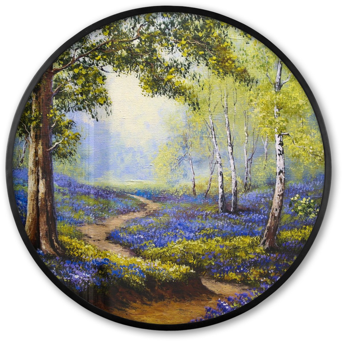 FrameYourWall Poster in lijst Rond - Fotolijst 60x60 cm - Posters - Schilderij - Natuur - Bos - Bloemen - Olieverf - Ronde posterlijst zwart - Decoratie - Wanddecoratie woonkamer - Muurdecoratie slaapkamer Lavendel - Landschap