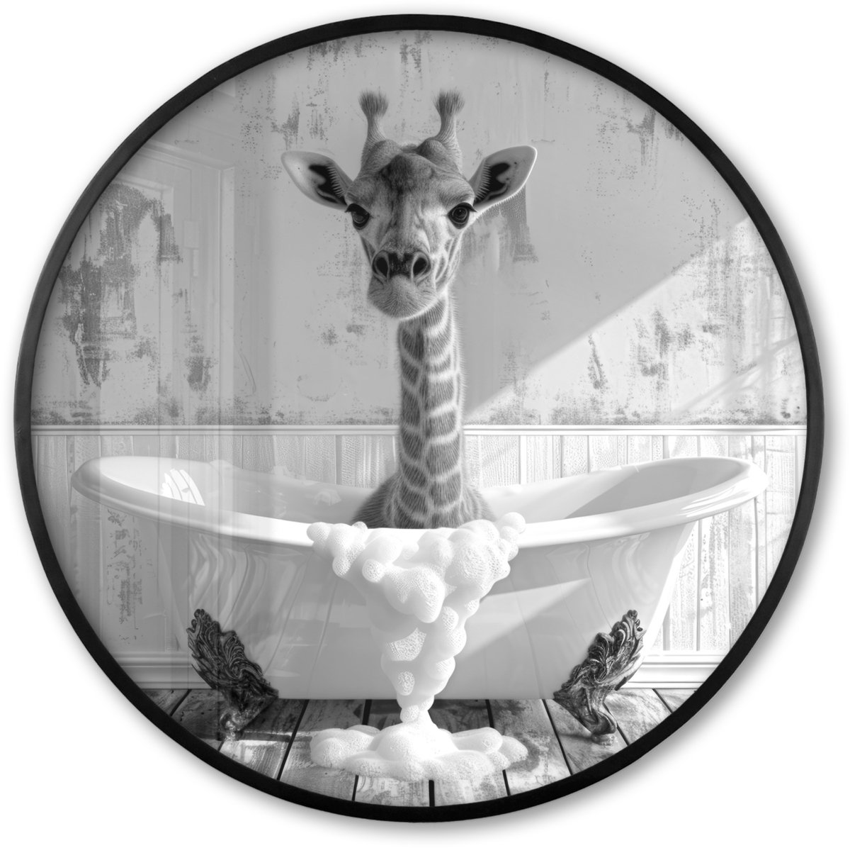 FrameYourWall Poster in lijst Rond - Fotolijst 60x60 cm - Posters - Giraffe - Dier - Badkuip - Vintage - Zwart - Wit - Ronde posterlijst zwart - Decoratie - Wanddecoratie woonkamer - Muurdecoratie slaapkamer Giraf - Badkuip