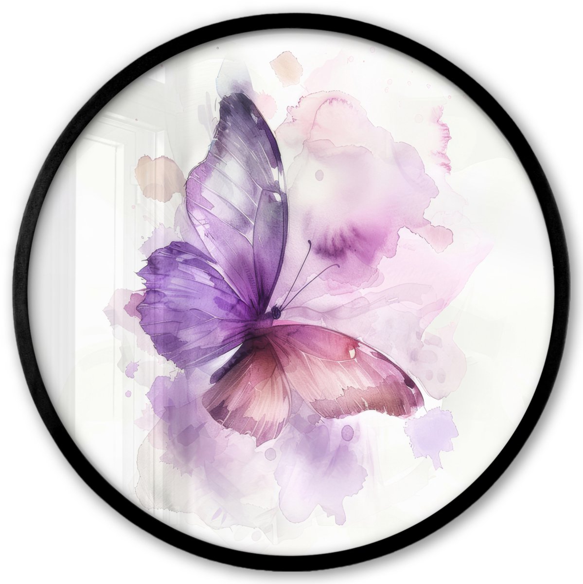 FrameYourWall Poster in lijst Rond - Fotolijst 40x40 cm - Posters - Vlinder - Paars - Pastel kleuren - Ronde posterlijst zwart - Decoratie - Wanddecoratie woonkamer - Muurdecoratie slaapkamer