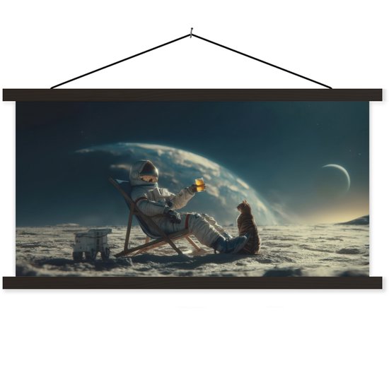 Posterhanger incl. Poster 150x75 cm - Schoolplaat - Astronaut - Kat - Glas - Stoel - Textielposter - Zwarte latten