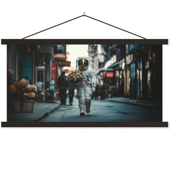 Posterhanger incl. Poster 90x45 cm - Schoolplaat - Boeket - Bloemen - Kleurrijk - Astronaut - Textielposter - Zwarte latten
