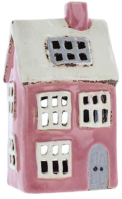 Roze keramisch huisje met witte dakpannen, grijze ramen en een grijze deur.