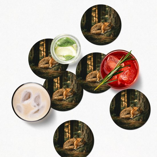 Sous-verres de verre ronds - Renard - Forêt - Dormant - 10 x 10 cm - Dessous de verre en verre - Lot de 6