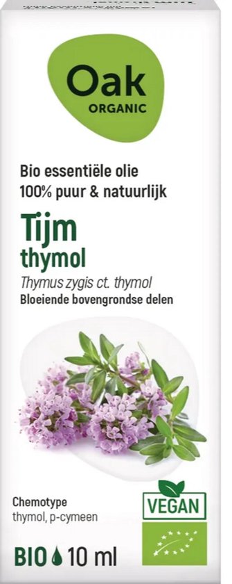 Oak Organic Tijm essentiele olie met bloeiende takjes tijm op de verpakking. 10 ml.