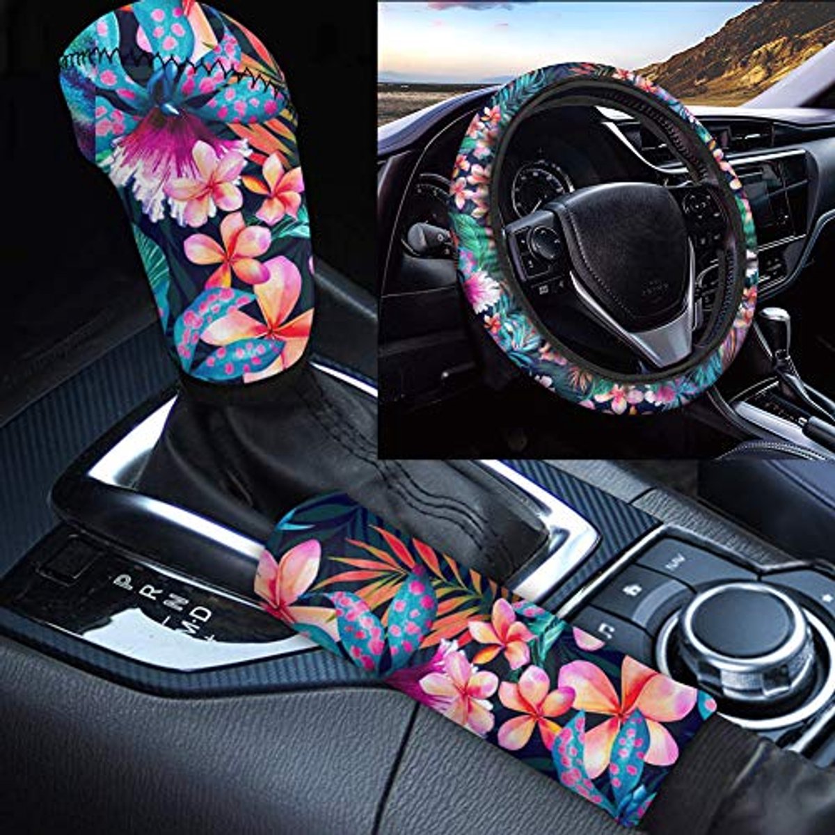 Image of 3 Stks Set Hawaiian Hibiscus Bloemenprint Stuurhoes en Handrem Cover voor Auto