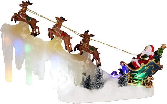 Kerstdorp figuur/kerstbeeldje - kerstman in slee - met verlichting - 33 x 8,5 x 21 cm - kerstman beeldje