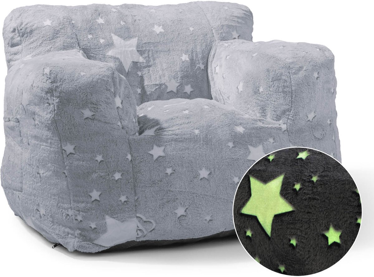 Lumaland Kinder Zitzak – Glow-in-the-Dark Sterren Design, Indoor Kindersofa, Zacht & Onderhoudsvriendelijk, 68×70×60 cm donkergrijs