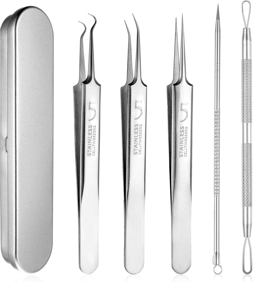 5Pcs Blackhead Remover - Tweezers Popper Remover Tool Kit - Ingrown Hair Extractor Clip Set - Skin Popping Removal Tools Voor Neus Ogen Gezicht Schoonheid Verzorging Vrouwen Meisjes