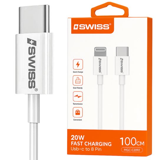 iSwiss USB‑C naar 8‑Pin (Lightning) Kabel 1 m – 20W Snelladen & Dataoverdracht – Duurzaam & Extra Stevig – iOS Oplaadkabel