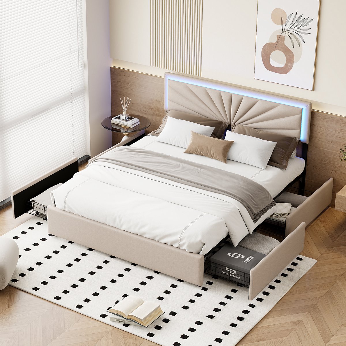 Modern bed 140x200cm gestoffeerd tweepersoonsbedframe met 4 lades en led-verlichting, tweepersoonsbed met opbergruimte voor jongeren en volwassenen, beige linnen stof, zonder matras (splitsen voor 2 pakketten voor verzending)