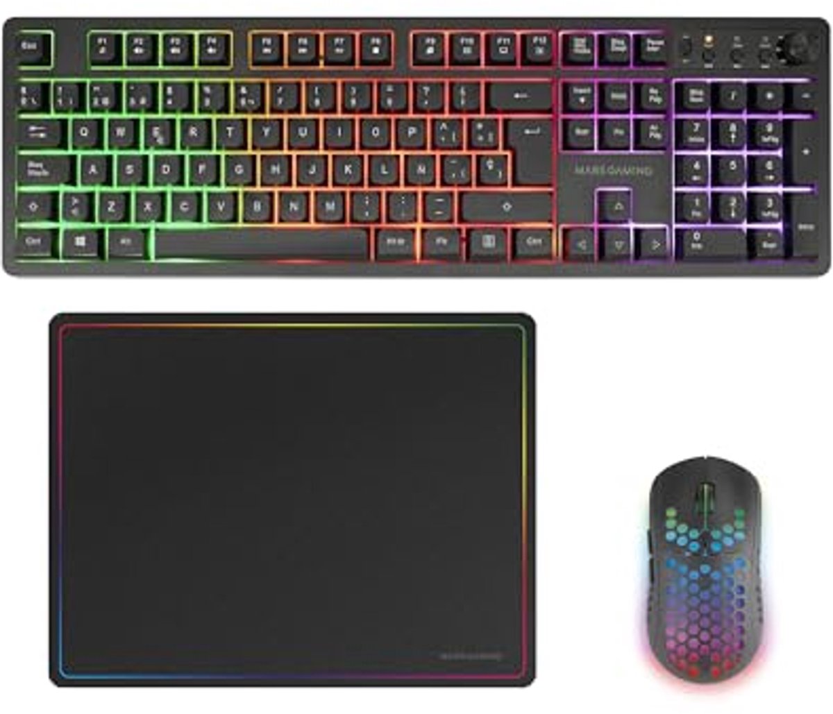Draadloze Gaming-Combo, Volledig FRGB Toetsenbord met Multimediabediening, RGB Gaming Muis tot 3200 DPI en Antislip Muismat 360x260mm