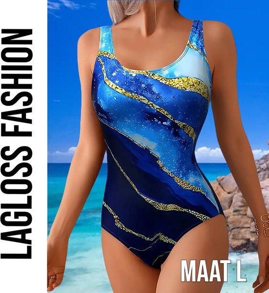 Maillot de bain LaGloss® Blauw Gold – Maillot de bain Elegant pour femme avec imprimé abstrait et effet gainant – Taille L