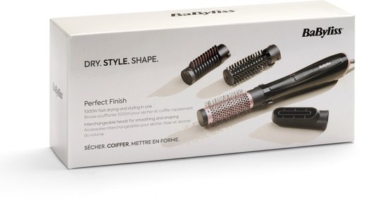 Doos van BaByliss Perfect Finish föhnborstel, met afbeeldingen van de 4 opzetstukken en de airstyler.