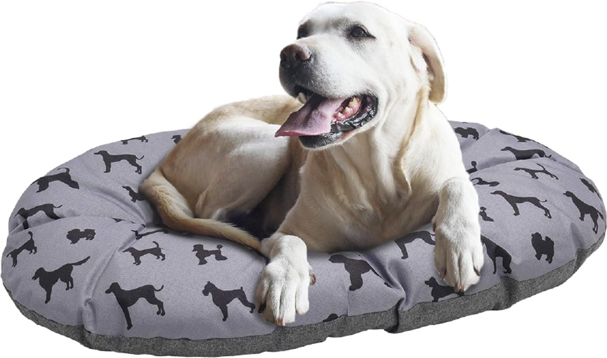Rosewood All Seasons Ovale Hondenmatras – XL 95 cm – Wasbaar & Omkeerbaar Hondenkussen – Comfortabel & Stevig Ligbed – Grijs Linnenlook met Hondenprint