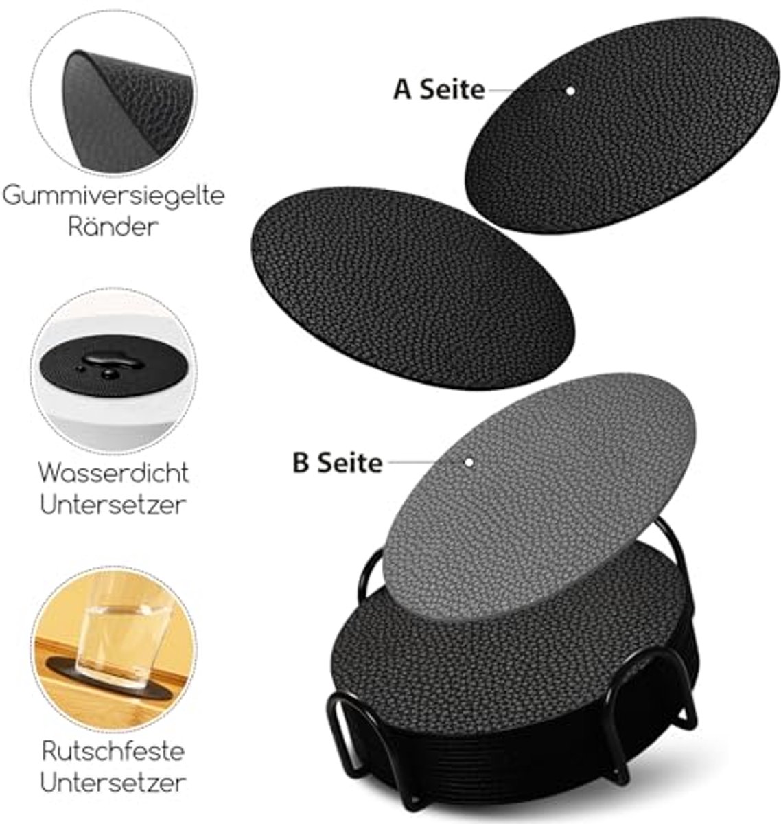 Set van 12 Dubbelzijdige Leer Coasters met Houder - Grijs en Zwart