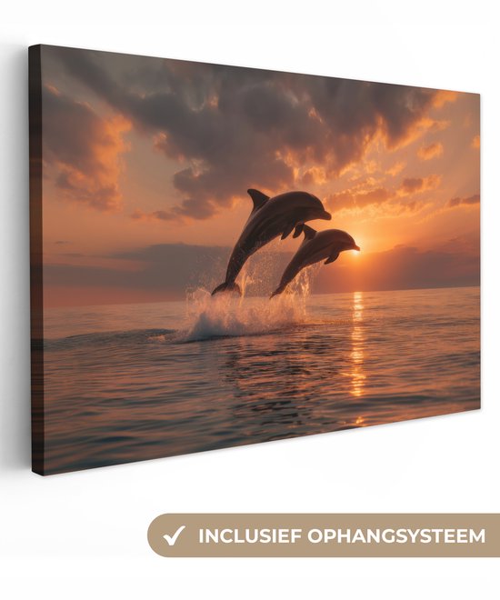 Toile représentant deux dauphins sautant hors de la mer au coucher du soleil. Système de suspension inclus.