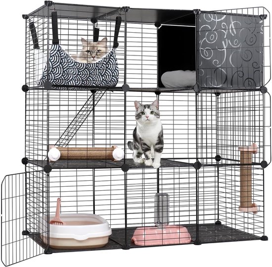 BriSunshine Kattenkooi voor binnen, doe-het-zelf, met groot hangmat, nestkast van metaaldraad voor 1-2 katten (109 x 46 x 74 cm