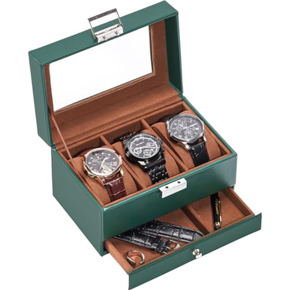Horloge box met 3 compartimenten en glazen deksel, horloge opbergdoos met verwisselbare horloge pad - Perfect Vaderdag cadeau in groen