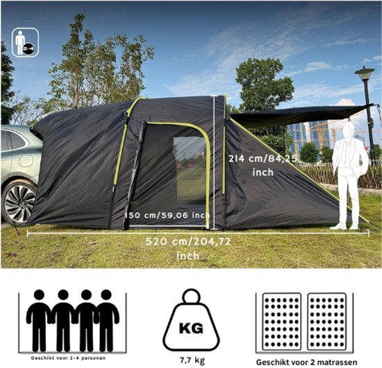 Auto achterklep tent, grote ruimte voor 4-6 personen, camping achtertent met scherm | Waterdichte zonwering voor kleine en middelgrote SUV's | Reisbenodigdheden op de