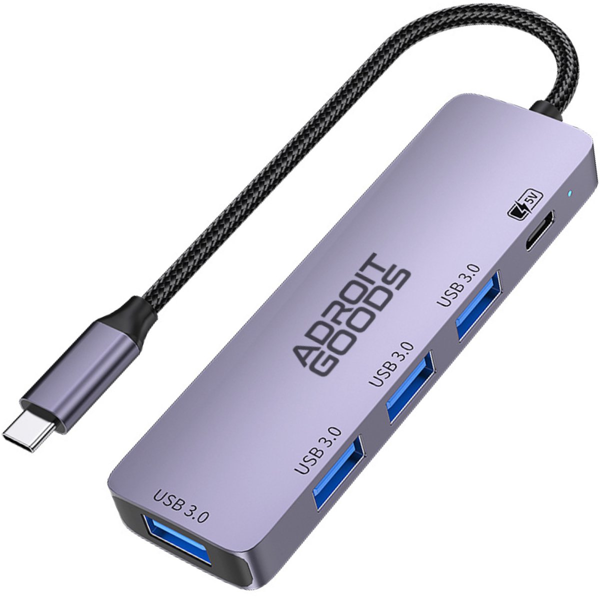 AdroitGoods USB-C hub – 4 poorten – 5Gbps – met 5V voeding – Type-C 5-in-1 USB 3.0 Hub - grijs