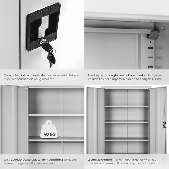 Detail van het slot en sleutel van de grijze archiefkast. Daaronder de open kast met deuren en aan de zijkant een illustratie van een gewicht.