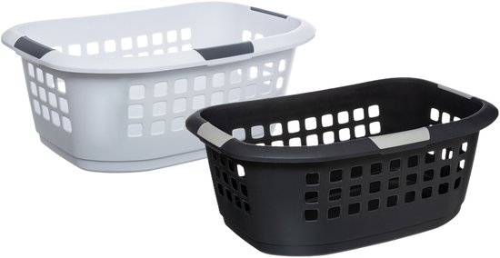 5Five Wasmanden set - 2 stuks - extra groot - grijs/wit - kunststof - 51 liter - 67 x 47 x 27 cm