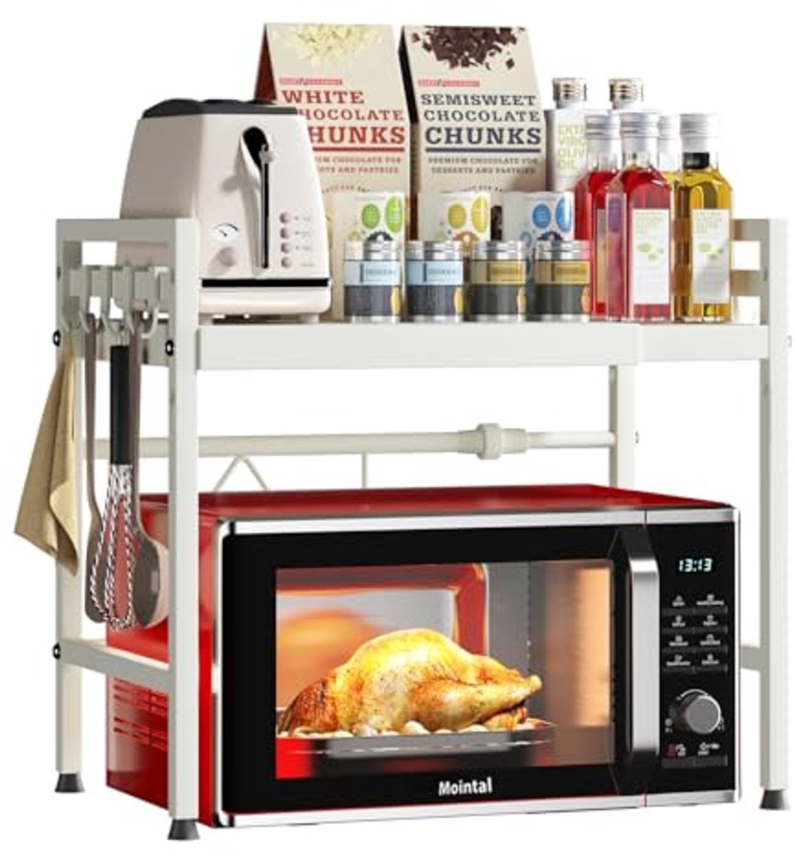 Verstelbaar Magnetronrek 2-Layer Keuken Organizer met 8 Haken
