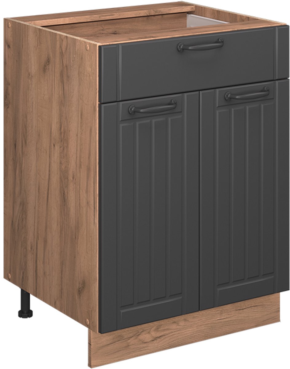Vicco Fame-Line Keukenonderkast – 60 cm met lade, WB Marmer Donkergrijs Donkergrijs/Goudkleurig Eiken