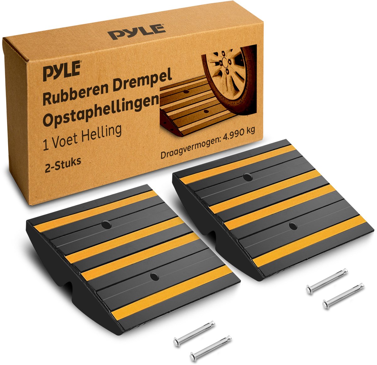 Pyle Drempel Oprijplaat - Set van 2 - Zware Antisliprubber, Rubberen Gele Reflecterende Strips - Ideaal voor Opritten, Trottoirs en Voertuigoprijplaten