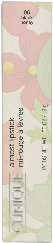 De verpakking van Clinique Almost Lipstick in de tint 'black honey', met bloemenpatroon.