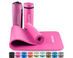 Tunturi NBR Yogamat met Draagtas - Fitnessmat Extra dik & zacht - Sportmat - Anti slip - 180x60x1.5cm - Incl Trainingsapp - Roze