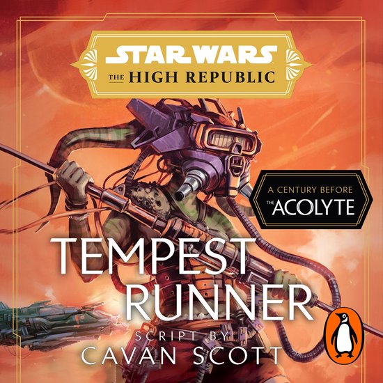 Star Wars: The High Republic - Tempest Runner, een groene alien met een masker en mechanische armen houdt een wapen vast.
