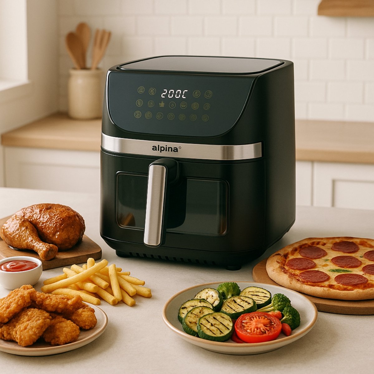 alpina Freidora Aire XXL - Air Fryer 9L - Freidora de Aire con Pantalla Digital - Airfryer con Temporizador y Temperatura de 60 a 200℃ - con 8 Programas de Cocción y Ventana de Visualización - Negro