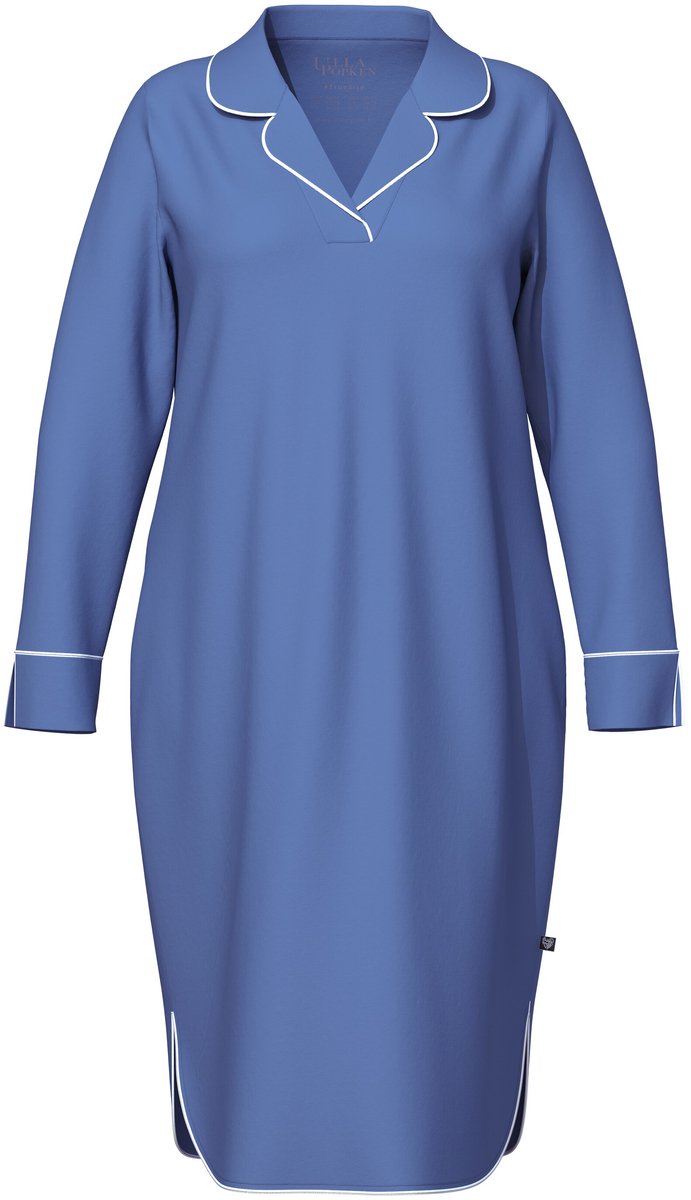 Ulla Popken - Dames - Nachthemd sierpaspel reverskraag lange mouwen - Licht zeilblauw - Maat 46+