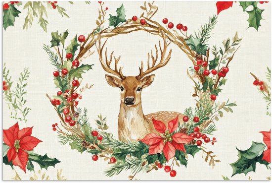 Poster 30x20 cm - Kerstkrans - Hert - Hulst - Rood - Posters - Kamer decoratie - Wanddecoratie woonkamer - Muurdecoratie slaapkamer - Kerstversiering - Kerstdecoratie voor binnen - Kerstmis