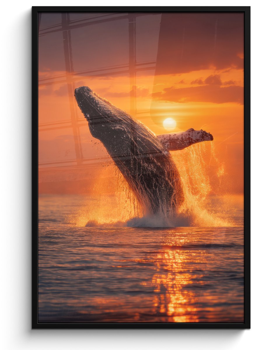 FrameYourWall Poster in lijst - Fotolijst 80x120 cm - Posters - Walvis - Zon - Zee - Posterlijst zwart - Decoratie - Wanddecoratie woonkamer - Muurdecoratie slaapkamer