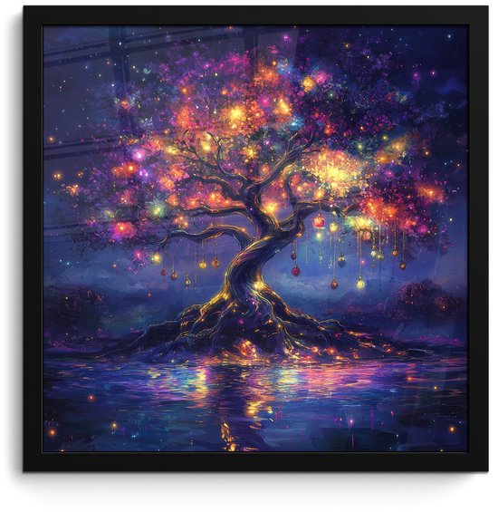 Poster in lijst - Fotolijst 40x40 cm - Posters - Kosmisch - lichtboom - Kerst - Kleurrijk - Posterlijst zwart - Decoratie - Wanddecoratie woonkamer - Muurdecoratie slaapkamer - Kerstversiering - Kerstdecoratie voor binnen - Kerstmis