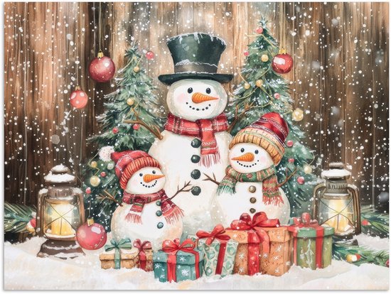 Poster 40x30 cm - Sneeuwpop - Familie - Kleurrijk - Posters - Kamer decoratie - Wanddecoratie woonkamer - Muurdecoratie slaapkamer