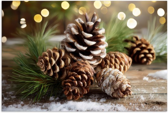 Poster 120x80 cm - Dennenappels - Kerstsfeer - Bruin - Groen - Posters - Kamer decoratie - Wanddecoratie woonkamer - Muurdecoratie slaapkamer - Kerstversiering - Kerstdecoratie voor binnen - Kerstmis