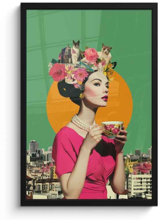 Poster in lijst - Fotolijst 40x60 cm - Posters - Retro - Vrouw - Stad - Zon - Posterlijst zwart - Decoratie - Wanddecoratie woonkamer - Muurdecoratie slaapkamer