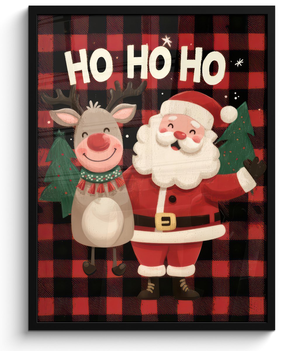 FrameYourWall Poster in lijst - Fotolijst 60x80 cm - Posters - Kerstman - Rendier - Tekst - Rood - Zwart - Posterlijst zwart - Decoratie - Wanddecoratie woonkamer - Muurdecoratie slaapkamer - Kerstversiering - Kerstdecoratie voor binnen - Kerstmis
