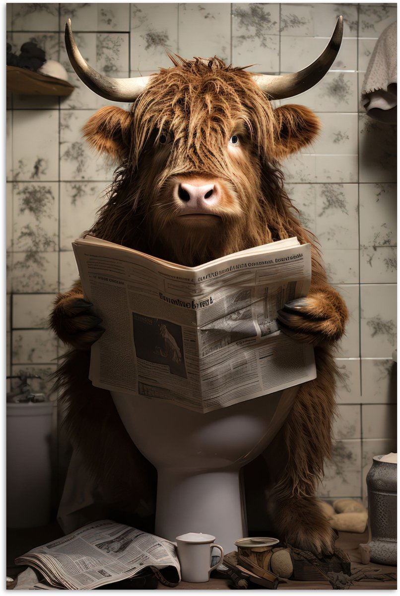 Poster 60x90 cm - Schotse hooglander - Toilet - Krant - Badkamer - Posters - Kamer decorat