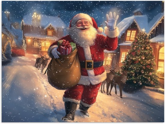 Poster 120x90 cm - Kerstman - Dorp - Hert - Donker - Posters - Kamer decoratie - Wanddecoratie woonkamer - Muurdecoratie slaapkamer - Kerstversiering - Kerstdecoratie voor binnen - Kerstmis