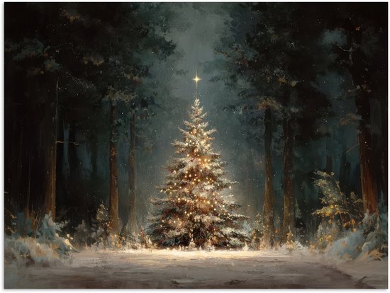 Poster 40x30 cm - Kerstboom - Bos - Sneeuw - meerkleurig - Posters - Kamer decoratie - Wanddecoratie woonkamer - Muurdecoratie slaapkamer - Kerstversiering - Kerstdecoratie voor binnen - Kerstmis